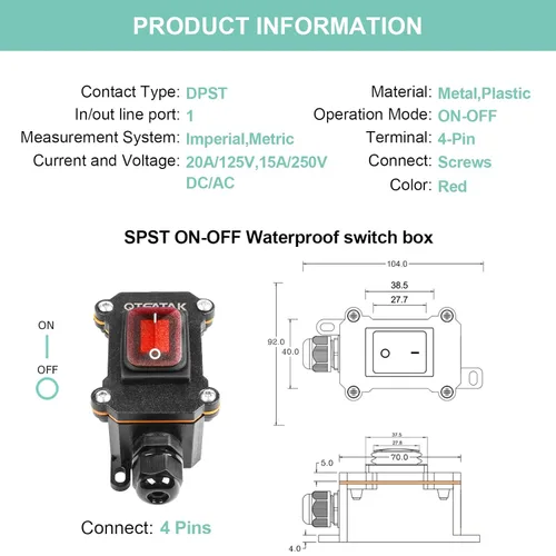 Miniatura 4 de Interruptor de cable en línea DPST AC/DC 20A-125V, 16A-250V, 30A-24V, 35A-12V, IP68 impermeable (encendido), apagado (encendido) con botones de luz