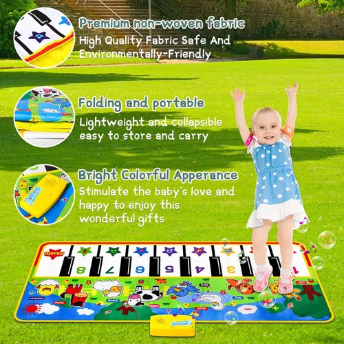 Miniatura 5 de M SANMERSEN Tapete de piano, 53'' x 23'' juguetes musicales para niños pequeños, tapete de juego táctil de piano de piso con 8 sonidos de animales