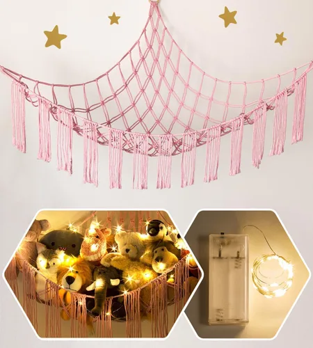Miniatura 12 de RelaxScene Hamaca esquinera de animales de peluche con luz LED, hamaca de almacenamiento de juguetes, red de peluche grande, organizador colgante