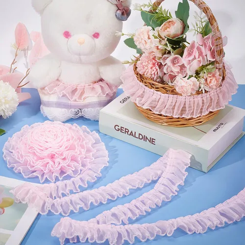 Miniatura 5 de BENECREAT Cinta de encaje plisada de poliéster de 8 yardas, 1.57 pulgadas de ancho, color rosa con borde blanco, cinta de encaje con volantes