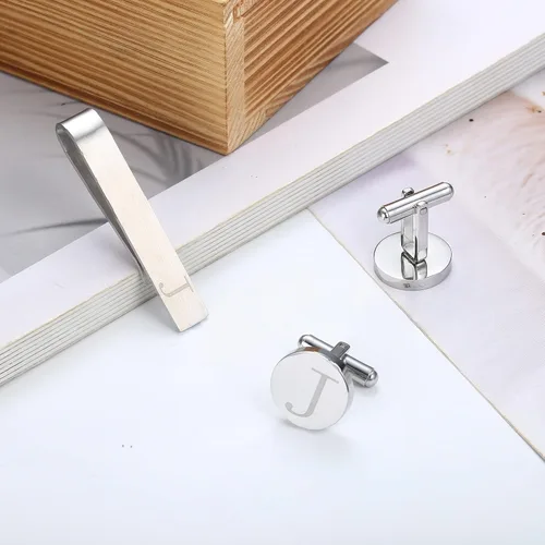 Miniatura 72 de LOYALLOOK - Gemelos de acero inoxidable grabados con inicial y clip de corbata, diseño de letras del alfabeto con caja de regalo, A-Z