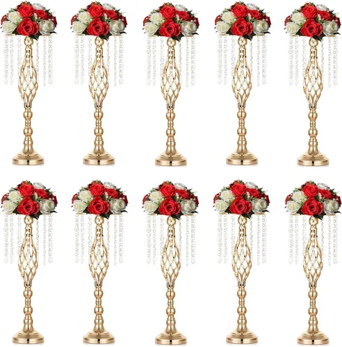 Miniatura 16 de Sziqiqi - Centro de mesa elevado floral dorado para mesa de boda de 21.7 pulgadas de altura con centros de mesa de flores de cristal y cuentas