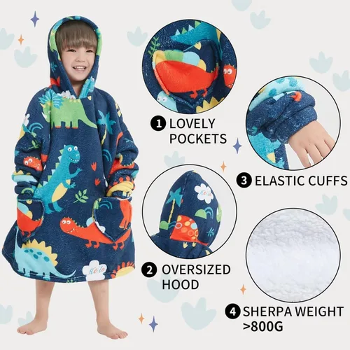 Miniatura 4 de Fiosnow Manta con Capucha de Dinosaurio para Niños Pequeños de 2 a 6 Años, Sudaderas con Capucha Extragrandes para Niñas y Niños