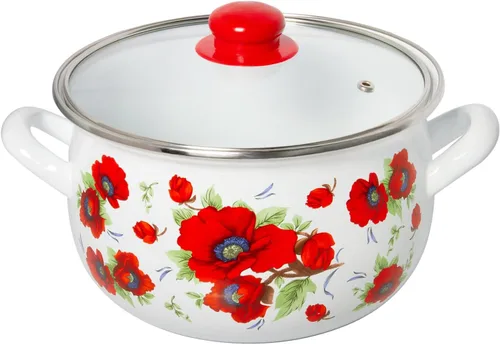 Miniatura 8 de Olla de aluminio esmaltado amapolas vientre cazuela profunda olla de cocina con tapa de vidrio Utensilios de cocina Olla de sopa (2.1 L)