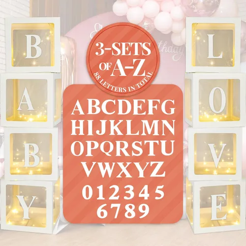 Miniatura 9 de Sratte Caja de globos con letras y números, cajas de bloques transparentes con luces LED para decoración de fiesta de ducha, cumpleaños, boda, Blanco