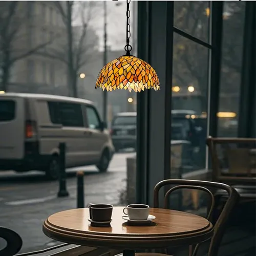 Miniatura 8 de Lámpara Colgante de Vidrio Emplomado Estilo Tiffany con Enchufe, 12" de Ancho Diseño de Glicinia Lámpara Colgante, Cadena de 60 Pulgadas Cable de 15
