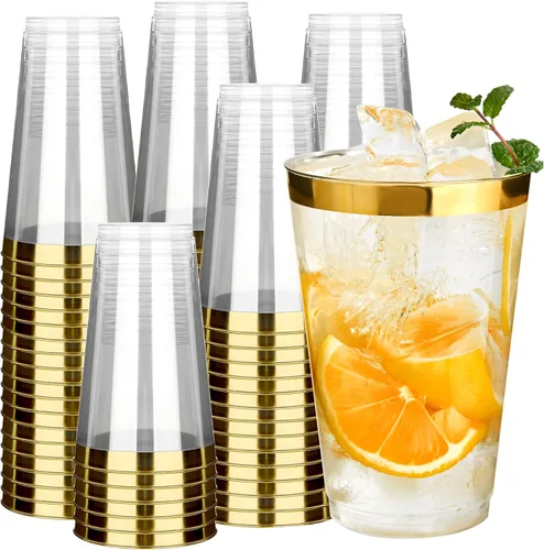 Miniatura 17 de RACETOP 9 oz 100 Pack Gold Glitter Plastic Cups, Disposable Gold Glitter Clear Plastic Cups for Parties, Gatherings, Weddings, and Festival Events
