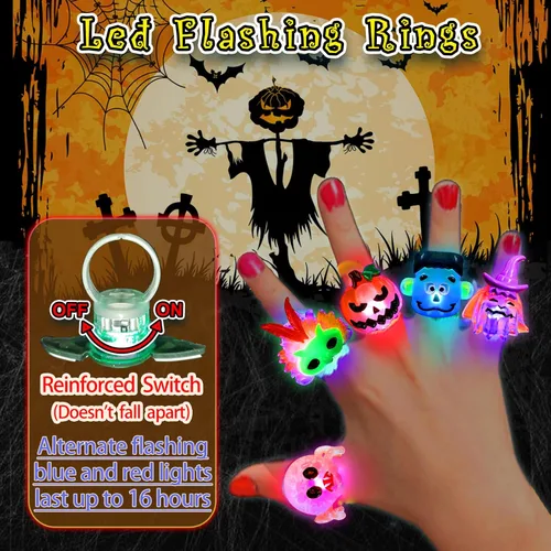 Miniatura 3 de 38 piezas de artículos de fiesta de Halloween para niños, anillos con luz 3D juguetes en cantidad golosinas de Halloween sin dulces, 28 anillos