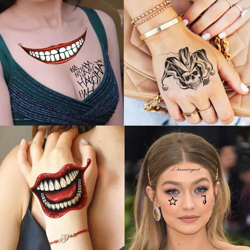 Miniatura 6 de COKTAK 6 hojas de tatuajes temporales de Joker para hombres, mujeres y niños, kit de maquillaje de Halloween, disfraz de cosplay, tatuajes faciales