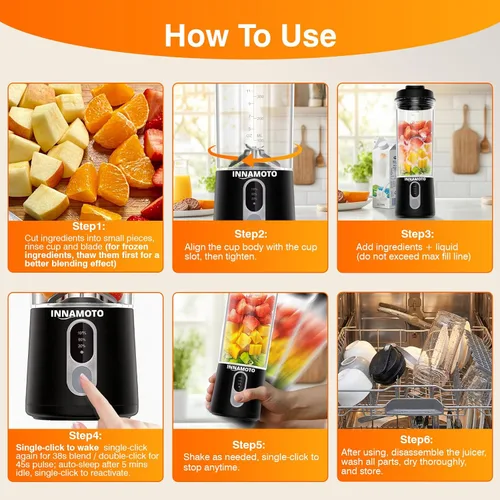 Miniatura 6 de Mini licuadora portátil de tamaño personal, licuadora inalámbrica de 20 onzas, tipo C, recargable, sin BPA, recién exprimida en el Negro