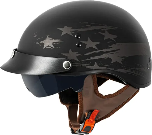 Miniatura 10 de VCAN Cruiser - Casco de motocicleta de media cara con visera abatible, pico extraíble y hebilla de liberación rápida Bandera negra brillante