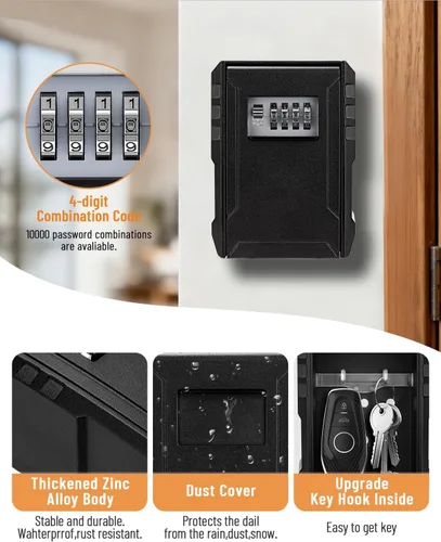 Miniatura 2 de BKNOOU Caja grande de bloqueo de llave para montaje en pared exterior para llaves al aire libre, impermeable, combinación de 4 dígitos, caja
