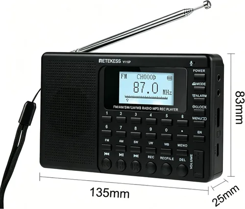 Miniatura 9 de Retekess Radio de onda corta V115, Radio Digital AM FM, receptor de onda corta con batería recargable de 1000 mAh, preajustes, reproducción