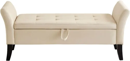 Miniatura 4 de Banco otomano tapizado de tela de terciopelo de 51.5 pulgadas con almacenamiento y brazos, asiento acolchado con patas de madera maciza, asiento