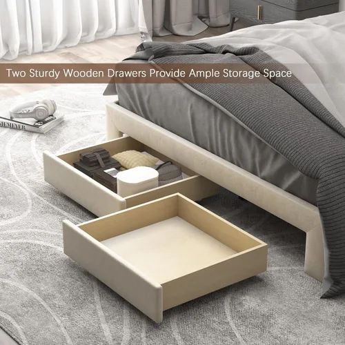 Miniatura 7 de NSdirect Base de cama tamaño Queen con cajón de almacenamiento, base de cama tapizada de terciopelo con 2 cajones de almacenamiento y estación