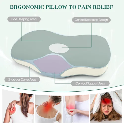 Miniatura 5 de Almohada cervical para soporte de cuello y hombros, almohadas ergonómicas de contorno de espuma viscoelástica con doble altura ajustable y funda Azul