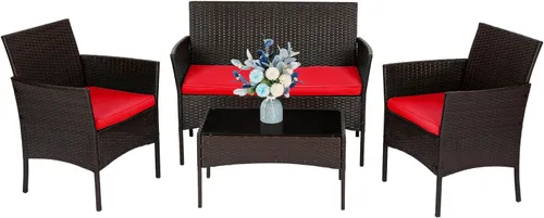 Miniatura 8 de FDW Juego de muebles de patio de 3 piezas Negro Muebles de mimbre para exteriores con mesa de café Juego de sillas de ratán moderno