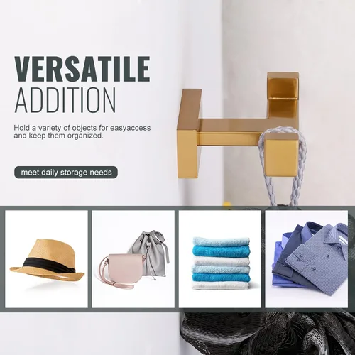 Miniatura 5 de Gancho doble para toallas de baño para montar en la pared, soporte moderno dorado para toallas, ganchos resistentes para bata de pared, colgador