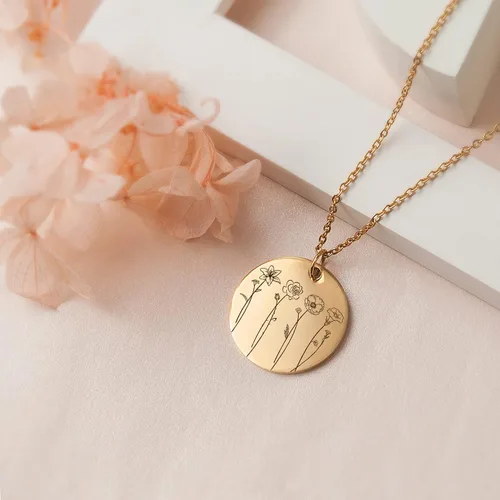 Miniatura 7 de Anavia Collar con múltiples flores del mes de nacimiento, conexión de familiares y amigos, collar de moneda floral grabado personalizado, regalo