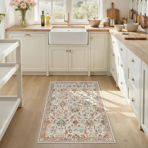 Miniatura 3 de Alfombra de área pequeña de 2 x 3 pulgadas, color beige, para entrada, baño, cocina, antideslizante, de pelo bajo, lavable, moderna alfombra bohemia