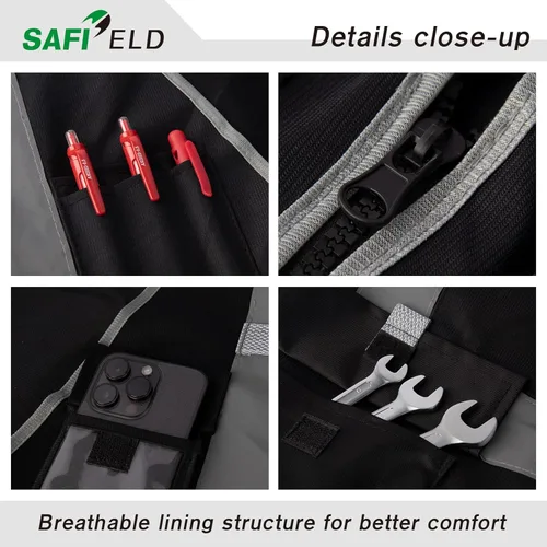 Miniatura 3 de Chaleco de trabajo reflectante de seguridad, paquete de 6 para hombres y mujeres, con 8 bolsillos y cremallera, ropa exterior de construcción