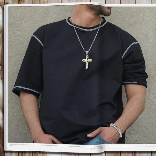 Miniatura 5 de JUNOVUROS Juego de collar de cruz para hombre grande y pequeño con 5 cadenas Rolo y 1 pulsera cubana, regalo de joyería religiosa con cruz