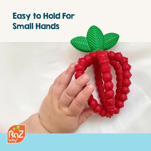 Miniatura 7 de RaZbaby Bites - Juguete de silicona para dentición para bebés, juguete sensorial con textura de moras para aliviar la dentición, forma de fruta Rosa