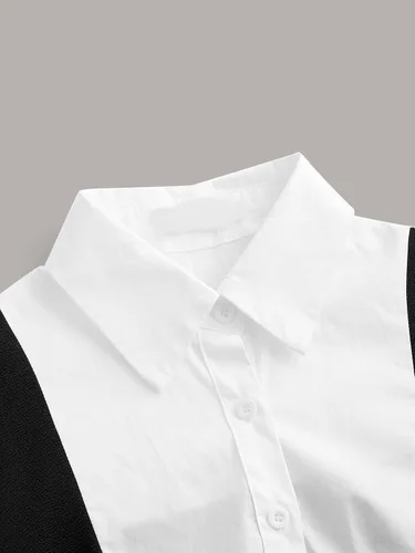 Miniatura 5 de Floerns Vestido de manga larga abombada 2 en 1 para mujer, con botones en la parte delantera