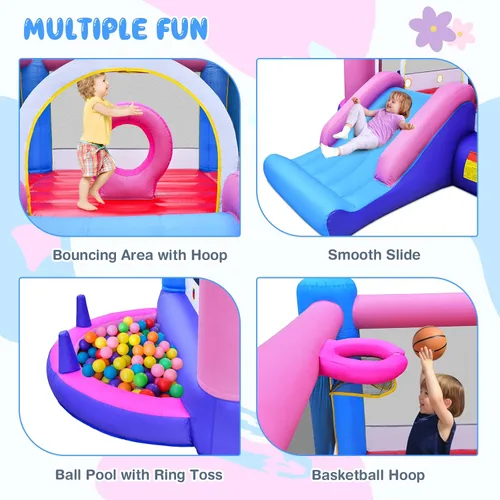 Miniatura 3 de OLAKIDS Inflatable Bounce House, Kids Pink Jumping Castle with Slide, Ball Pit, Climbing Wall, Basketball Rim, Indoor Outdoor Inflatable Obstacle