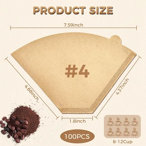 Miniatura 2 de 100 filtros de café en cono #4 de 8 a 12 tazas, papel natural sin blanquear, filtros de café desechables, 4 papel de cono, filtros de papel