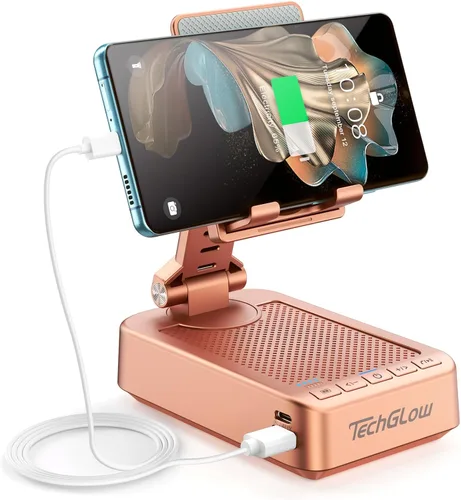 Miniatura 8 de TechGlow Soporte plegable para teléfono celular con función de carga de altavoz Bluetooth, soporte giratorio de 360°, regalos de cumpleaños