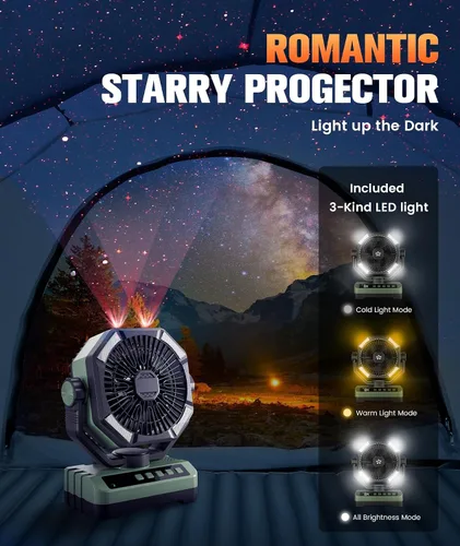Miniatura 5 de Ventilador de campamento con pilas, recargable con luz de estrellas, 20000 mAh, funciona con pilas, ventiladores de escritorio de 5 velocidades