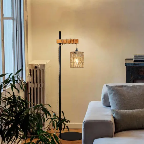Miniatura 4 de 2X Lámpara colgante Boho con enchufe, lámpara colgante con cable de enchufe, lámpara de techo de mimbre con pantalla cilíndrica, interruptor