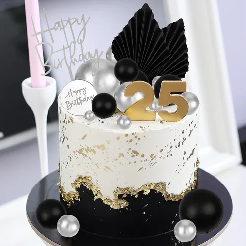 Miniatura 3 de MEMOVAN 26 piezas de decoración de pastel de cumpleaños para hombre, decoración de pastel bohemio negro, bolas negras plateadas, hojas de palma