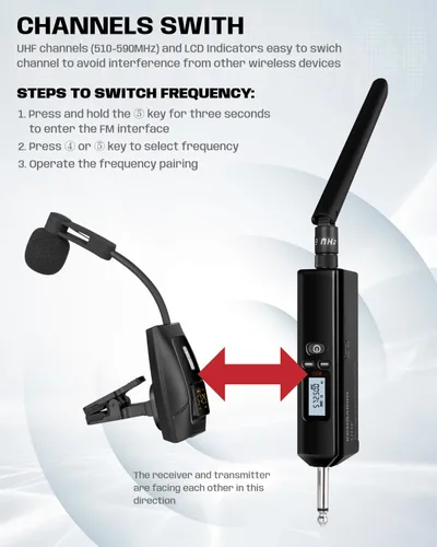Miniatura 5 de Micrófono de saxofón, sistema de micrófono inalámbrico recargable UHF con transmisor y receptor de rango de 196 pies, micrófono de condensador