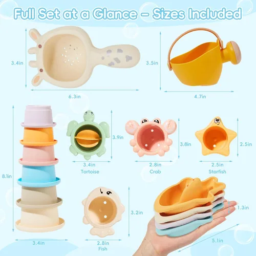 Miniatura 5 de Juguetes de baño para niños de 1 a 3 años, 16 unidades Juguetes de baño fáciles de limpiar y sin moho para bebés con tazas apilables Regadera