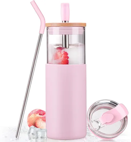 Miniatura 20 de Kodrine Vaso para agua de vidrio de 20 onzas con popote y tapa, botella de agua con tapas de bambú, taza para café helado, reutilizable, boca ancha