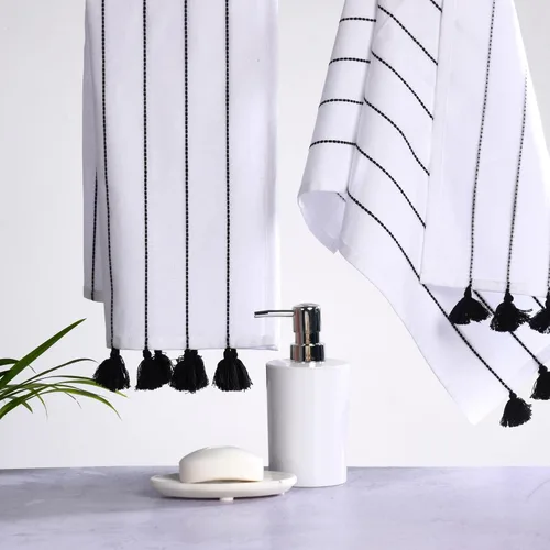 Folkulture Juego de 2 toallas de mano bohemias con borlas para colgar y decorar el baño, juego de 2, 100% algodón, 16 x 30 pulgadas (color blanco y