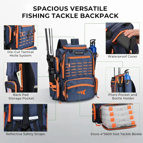 Miniatura 3 de KastKing Bait Boss Mochila de aparejos de pesca con soportes para caña, 4 cajas de aparejos, cubierta para lluvia, almacenamiento grande de 43 L B