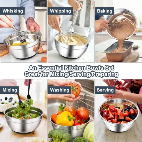 Miniatura 7 de TeamFar Tazones para mezclar, cuencos negros con tapas, tazón de ensalada anidable de acero inoxidable con tapa hermética y parte inferior