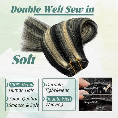 Miniatura 6 de Extensiones de cabello cosidas de cabello humano real, balayage de negro brillante a rubio dorado, paquete de extensiones de cabello humano