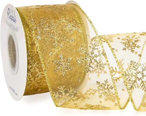 Ribbli Cinta con alambre de purpurina de copo de nieve, organza dorada transparente con patrón de copo de nieve con purpurina dorada y borde