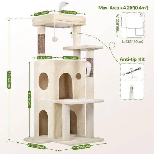 Miniatura 6 de Globlazer Torre de árbol para gatos de interior, casa de árbol para gatos adultos de 50 pulgadas para gatos adultos grandes con escalones, poste