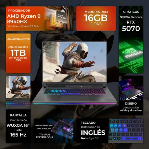 Miniatura 2 de ASUS ROG Strix G16 2025 - Laptop para juegos de 16 pulgadas, pantalla FHD+ 165Hz 3ms, AMD Ryzen 9 8940HX, NVIDIA GeForce RTX 5070 8GB GDDR7, 16GB