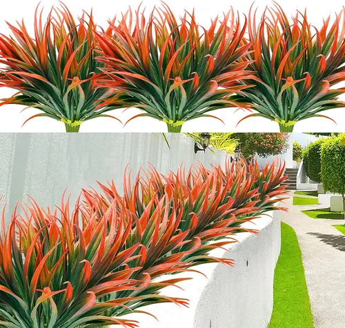 Miniatura 26 de 8 piezas flores artificiales de otoño para decoración al aire libre, plantas artificiales de otoño para exteriores, hierba amarilla artificial