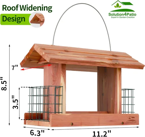 Miniatura 2 de Solution4Patio - Comedero para pájaros con tolva de cedro estadounidense para colgar al aire libre, jaula doble de sebo de madera hecha a mano