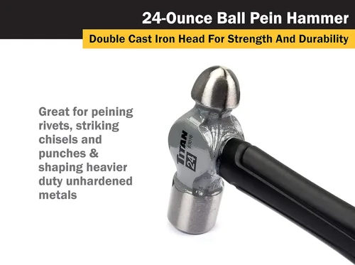 Miniatura 5 de Titan 63016 - Martillo de bola de 24 onzas, cabeza de acero forjado, mango de fibra de vidrio de 13.5" con absorción de impactos y empuñadura