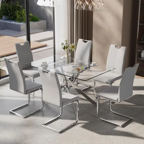 Miniatura 24 de Juego de mesa de comedor de 5 piezas para 4, mesa rectangular moderna de cristal con 4 sillas tapizadas de cuero, juegos de mesa y sillas de comedor