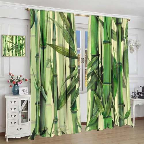 Miniatura 4 de Cortinas con estampado de bambú verde natural, plantas asiáticas, japonesas, tallos rústicos, hojas, cortina de selva con bolsillo para cortinero