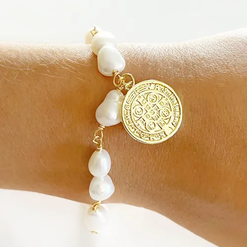 Miniatura 6 de San Benito - Pulsera de perlas barrocas con medalla chapada en oro de 18 quilates para mujer joyería de moda M Vidrio Chapado en oro